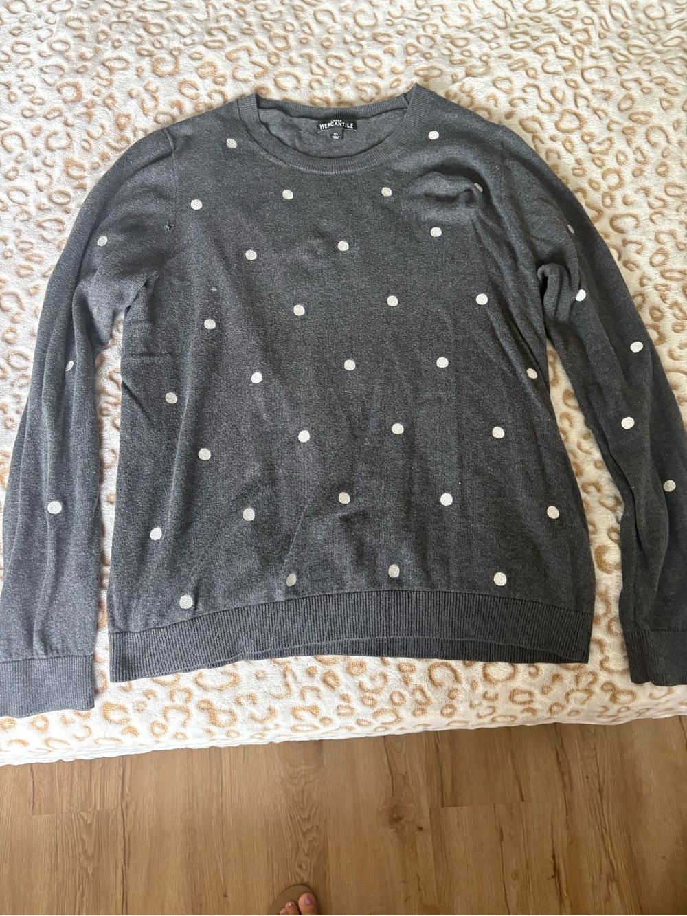 J. Crew Charcoal Crewneck Sweater with White Polka Dots